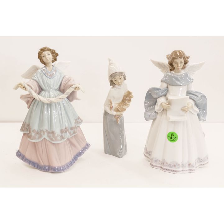 3pc Lladro Girl with Rooster & Angels Porcelain Figurines