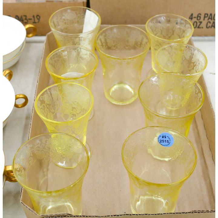 Box 9pc Yellow Poppy II Etched Tumblers Etc.