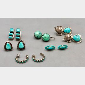 Six Pair Turquoise And Sterling Silver Earrings