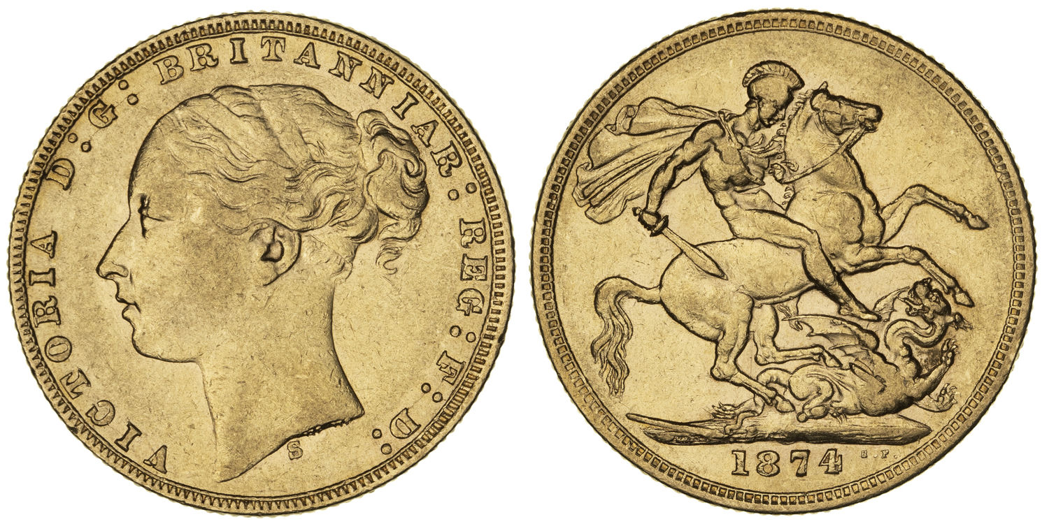 Victoria, St George Reverse, Sovereign, 1874-S, aEF