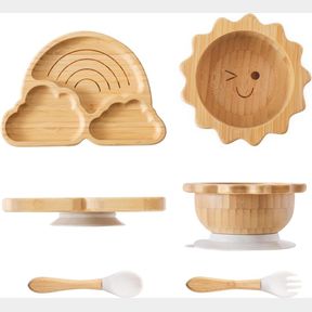 BAMBOO SUCTION PLATES BOWLS SET FOR BABY TODDLER DIVIDED PLATTER FOOD BOWL WITH SILICONE FORK & SPOON ALL-NATURAL BABY FEEDING SET