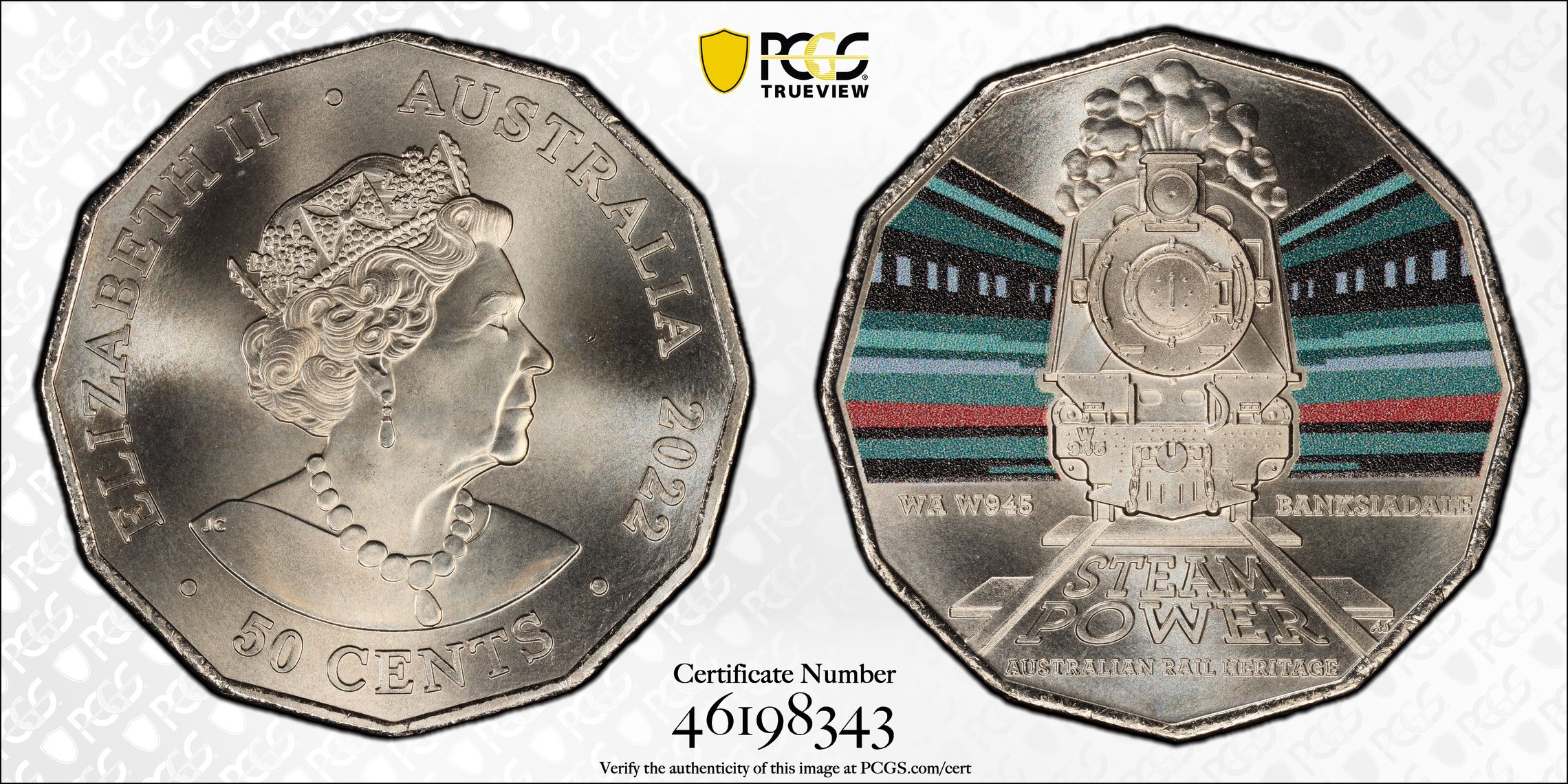 213 · Elizabeth II, WA W945 Banksiadale , Fifty Cent, 2022, PCGS MS69