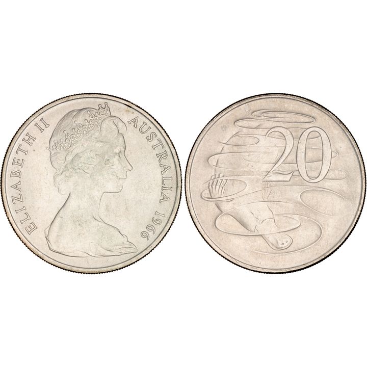 Elizabeth II, Wavy Baseline Variety, Twenty Cents, 1966, UNC