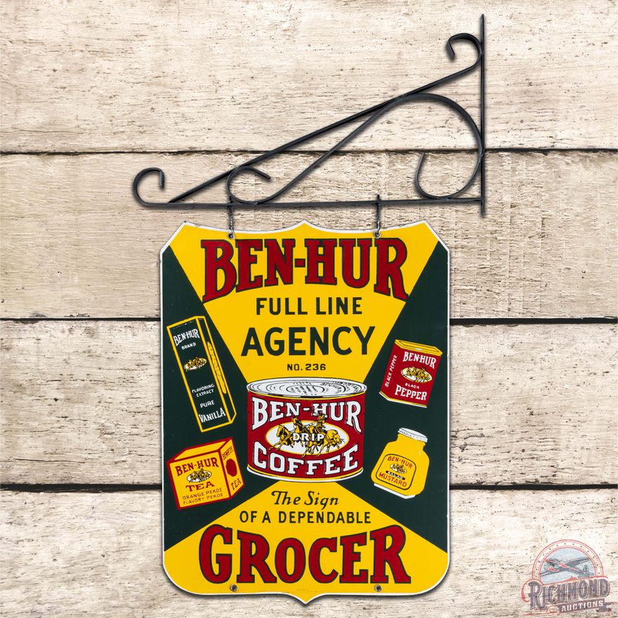 Ben-Hur Full Line Agency Grocer Die Cut DS Porcelain Sign w/ Bracket