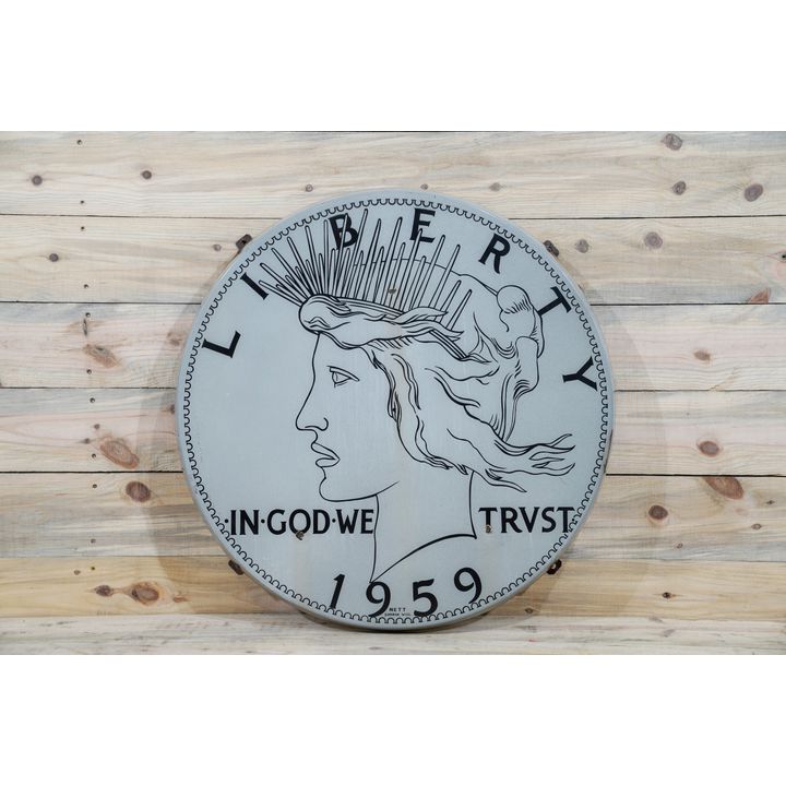Liberty "In God We Trust" 1959 Coin Style Single Sided Porcelain Rolled Edge Sign TAC 8.25