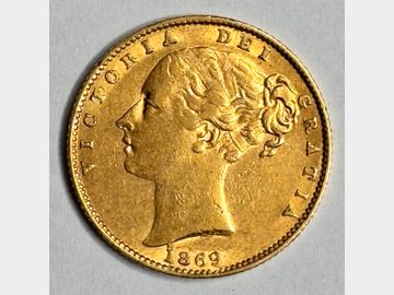 1869 VICTORIA #DIE 29 SHIELD GOLD SOVEREIGN