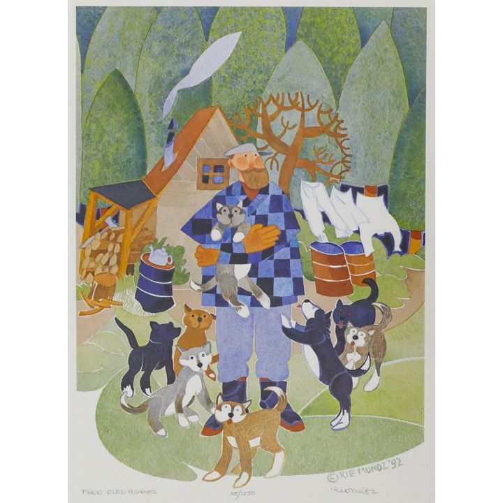 Rie Munoz ''Free Sled Puppies'' 1992 Signed Print 17.25'' x 13.75'' Sheet.