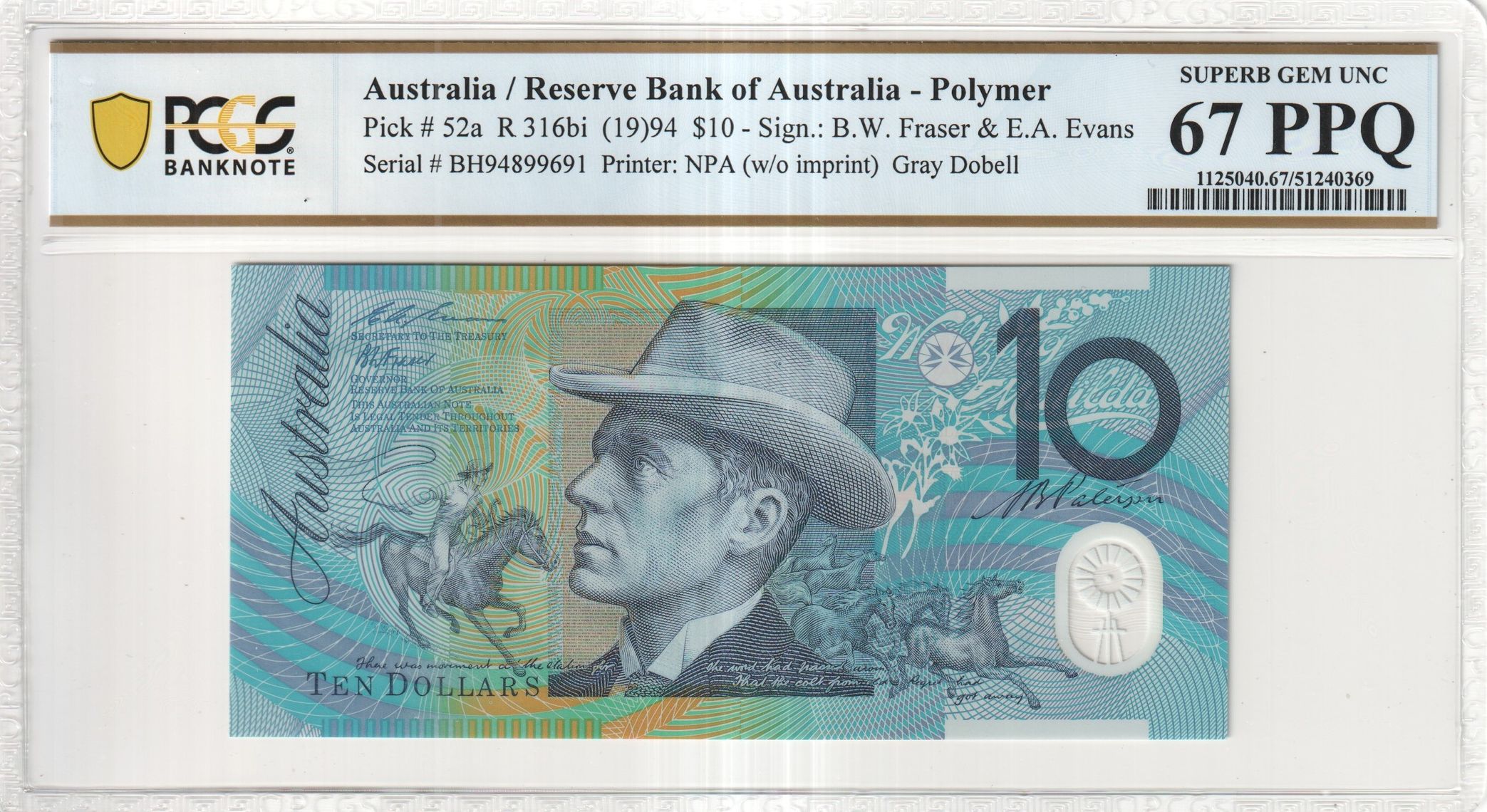 Fraser/Evans, Gray Dobell, Ten Dollar, 1994, PCGS Superb Gem UNC 67 PPQ
