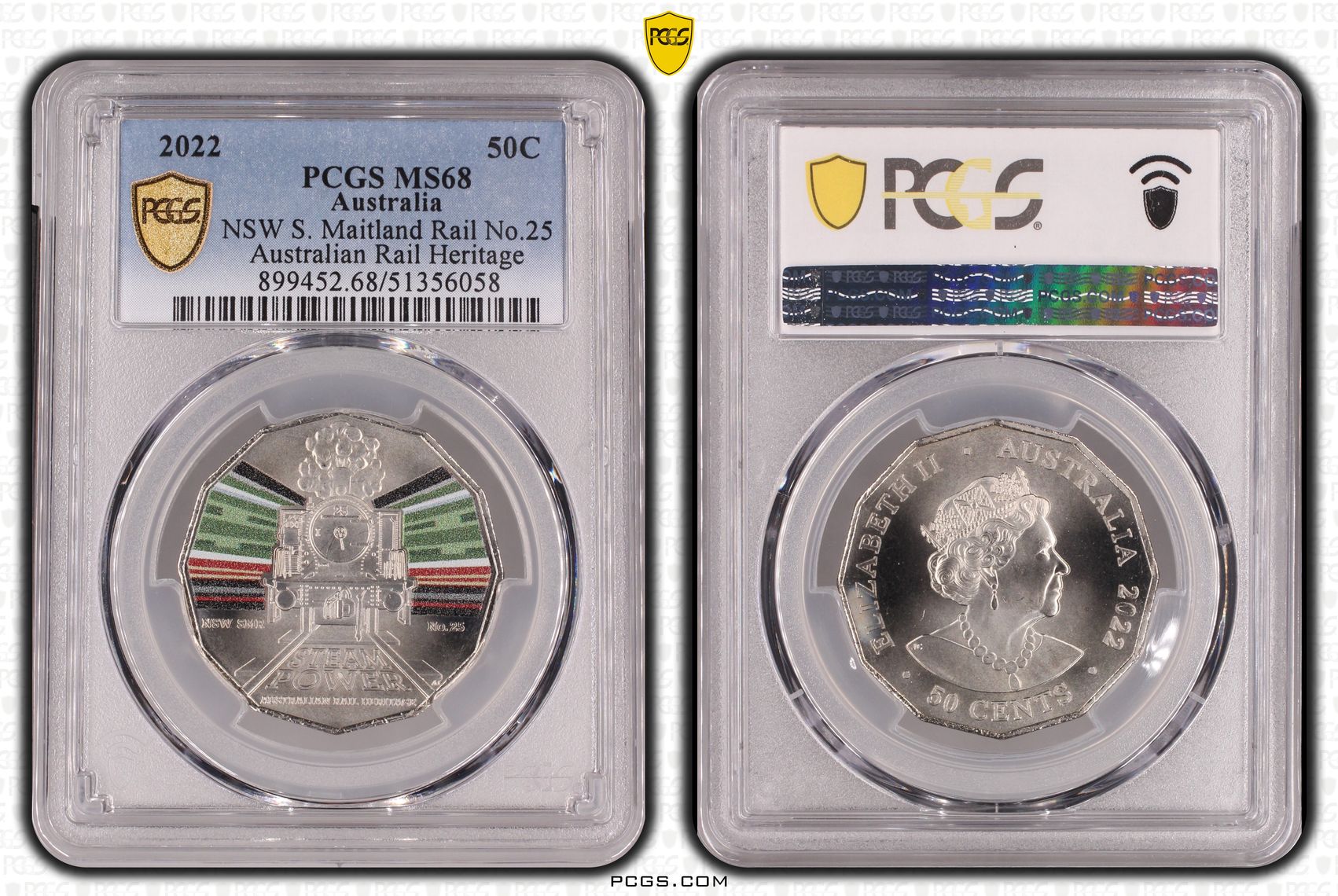NSW S. Maitland Rail No.25 - Australian Rail Heritage, Fifty Cent, 2022, PCGS MS68