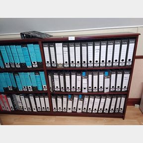FILING CABINET WITHOUT DOORS PLUS 74 ASSORTED LEVER ARCH FILES