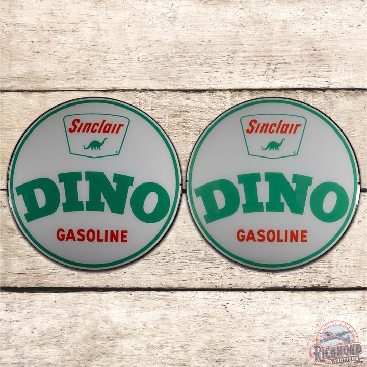 NOS Pair of Sinclair Dino Gasoline 13.5" Gas Pump Globe Lenses & Original Box