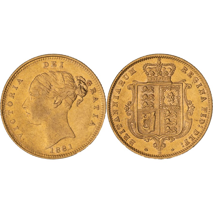 Victoria, Shield Reverse - Young Head, Half Sovereign, 1881-M,  VF