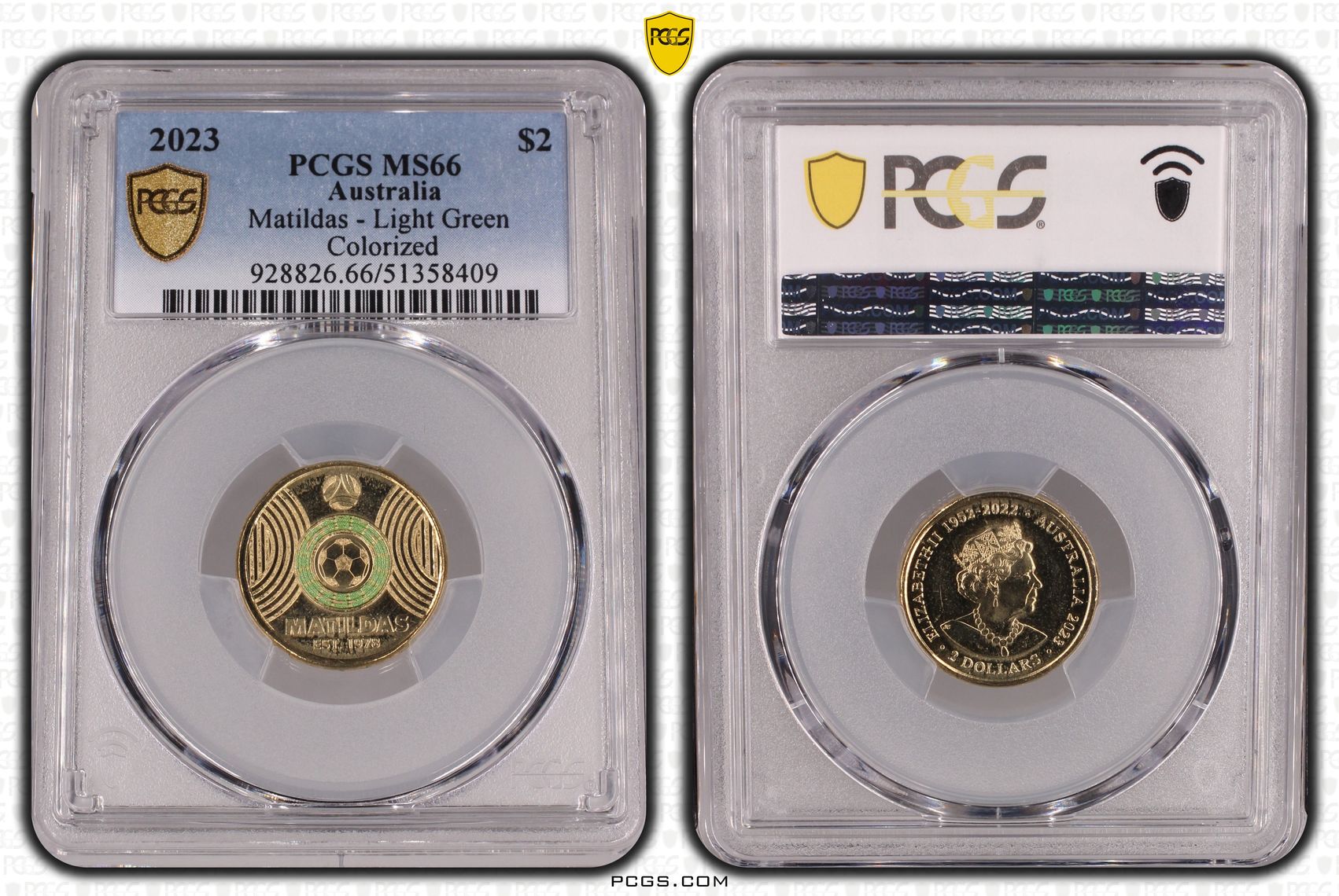 Matildas - Light Green Colorized, Two Dollar, 2023, PCGS MS66