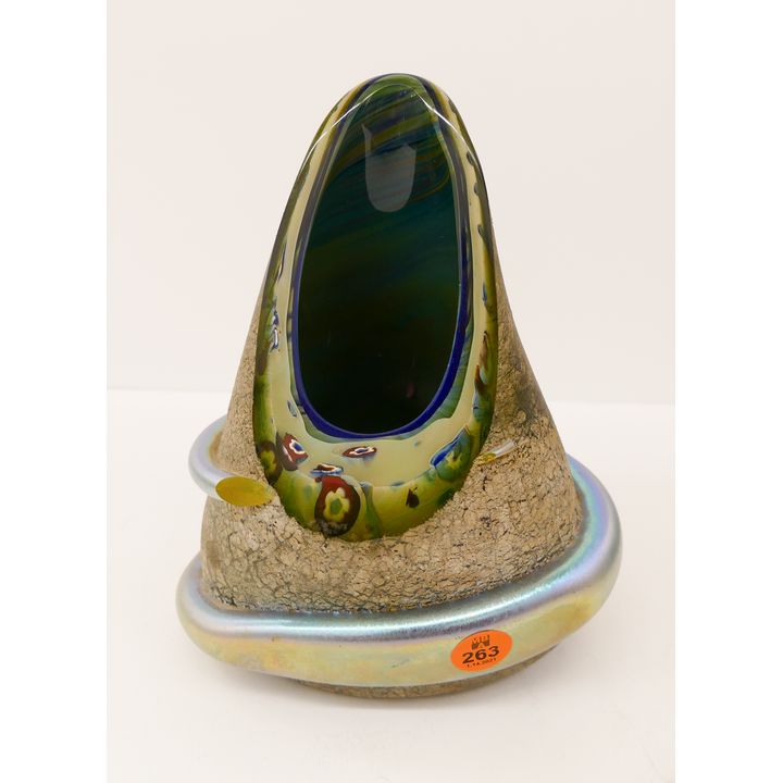 Carl Radke Green iridescent Glass Vase- 7.5''