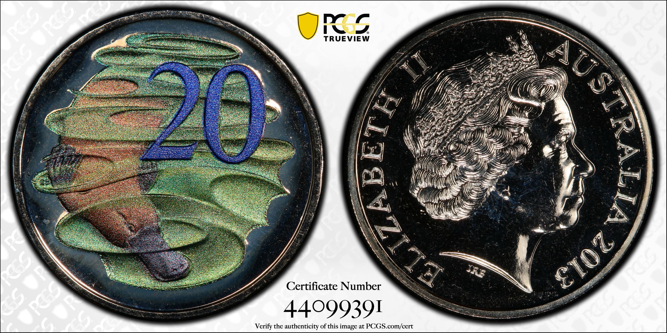 Colorized Platypus, Twenty Cent, 2013, PCGS MS68
