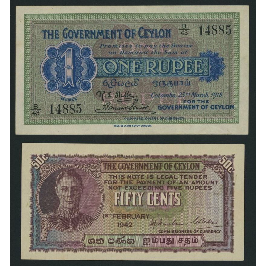 Ceylon, [2 notes] 50 Cents, 1 Rupee, 1918-42, serial numbers B/43 14885 ...
