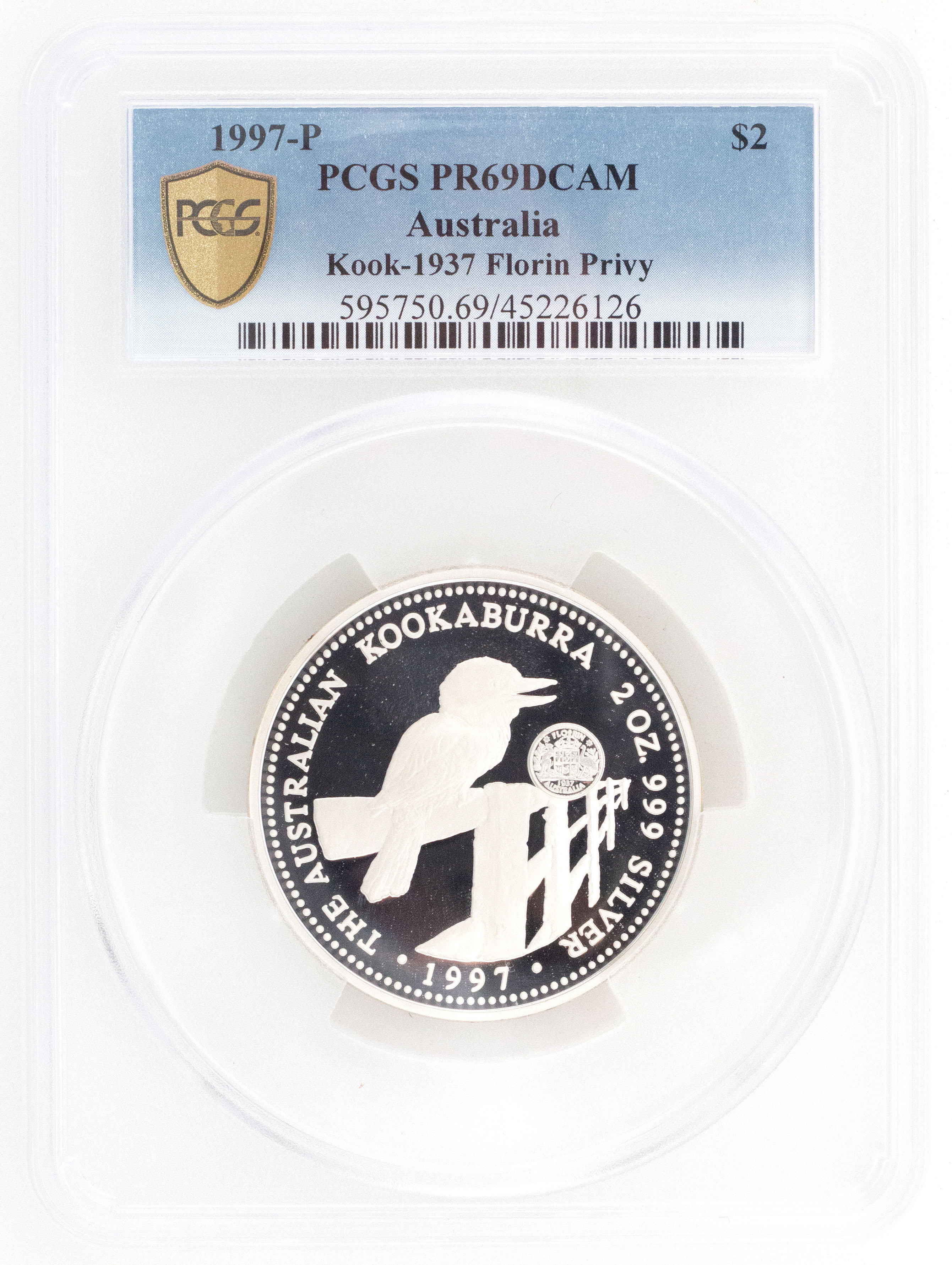 1997-P Australia Two Dollar, $2 Silver Kookaburra on fence with 1937 Florin Privy PCGS - PR69DCAM POP 5/0 -126