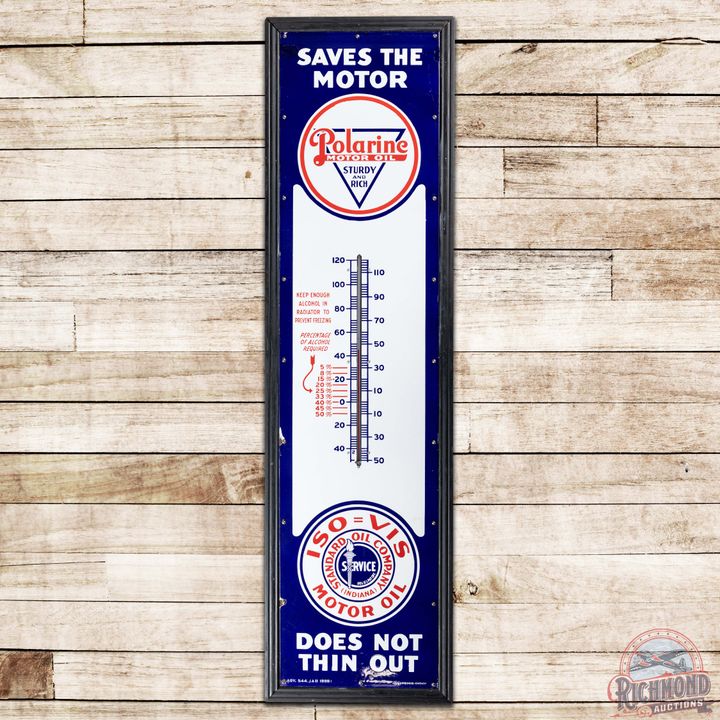Polarine ISO=VIS Standard Oil Company 6' SS Porcelain Thermometer Sign w/ Logos