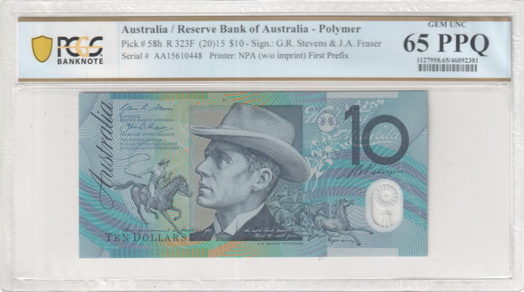 Stevens/ Fraser, First Prefix, Ten Dollar, 2015, PCGS Gem UNC 65 PPQ