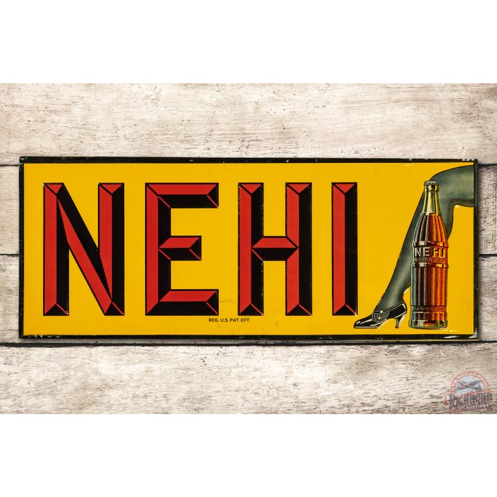 NOS Nehi w/ Bottle & Leg Embossed Tin Sign