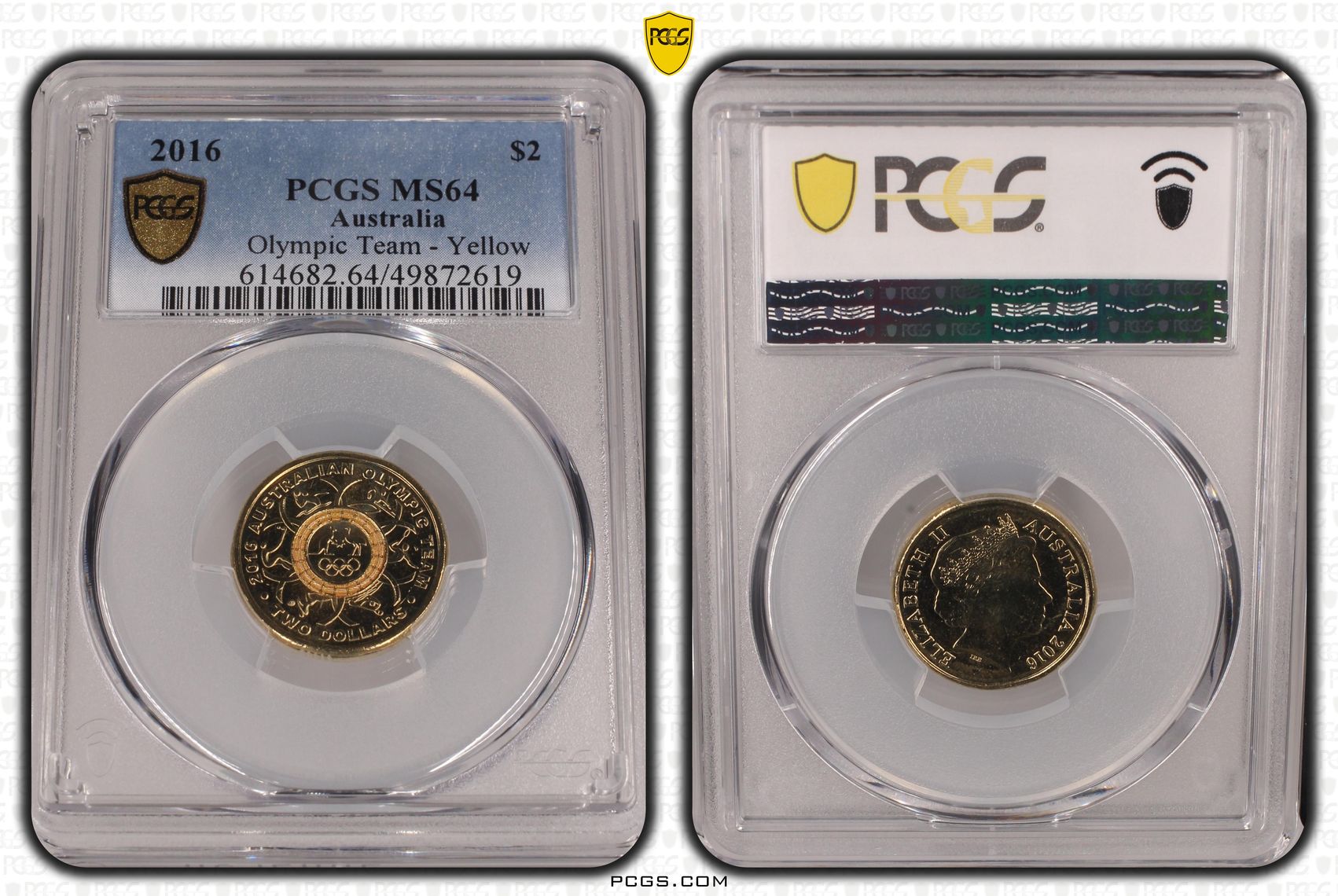 425 · Elizabeth II, Olympic Team - Yellow , Two Dollar, 2016, PCGS MS64