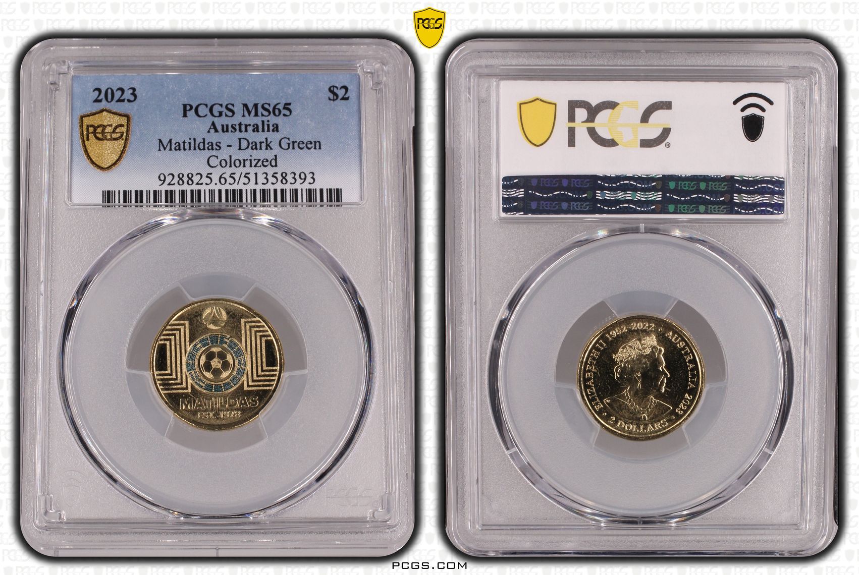 Matildas - Dark Green Colorized, Two Dollar, 2023, PCGS MS65