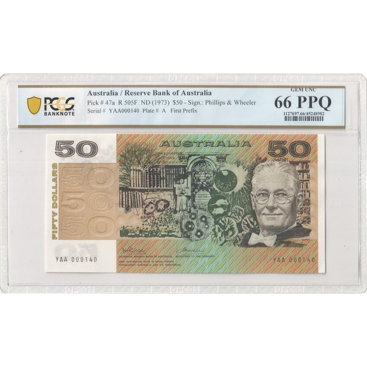 1973 Australia $50 Banknote Phillips/Wheeler Gem Unc 66 PPQ First Prefix - R.505F