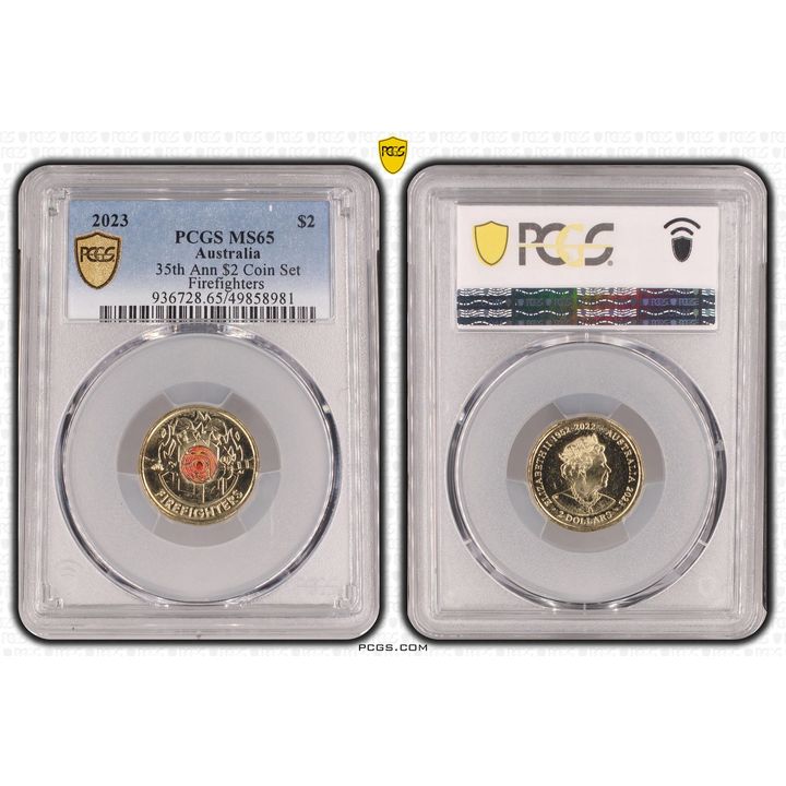 Elizabeth II, 35th Ann $2 Coin Set Colorized - Firefighters , Two Dollar, 2023, PCGS MS65