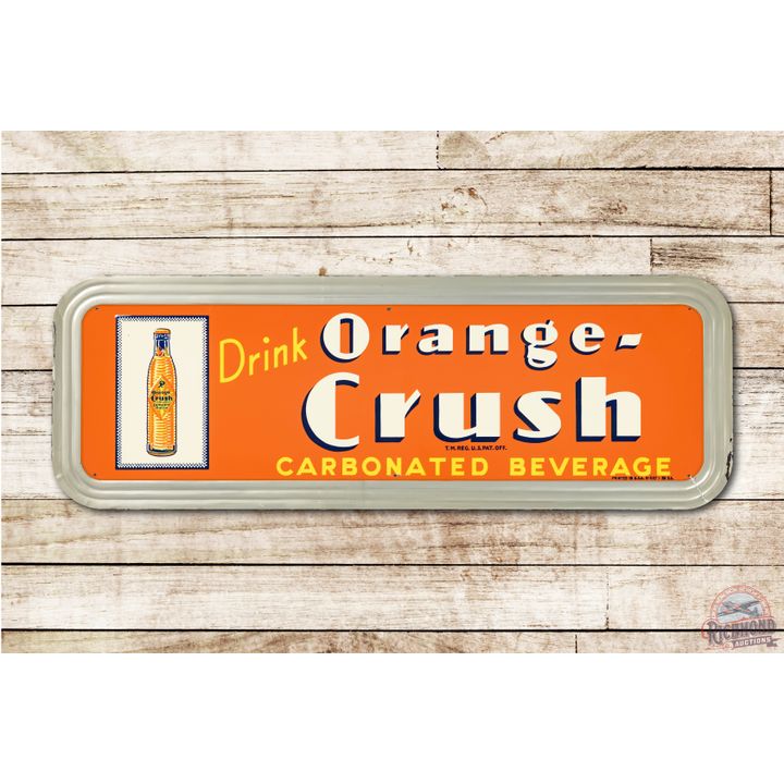 1939 Drink Orange Crush w/ Crushy & Krinkle Bottle Embossed Tin Sign