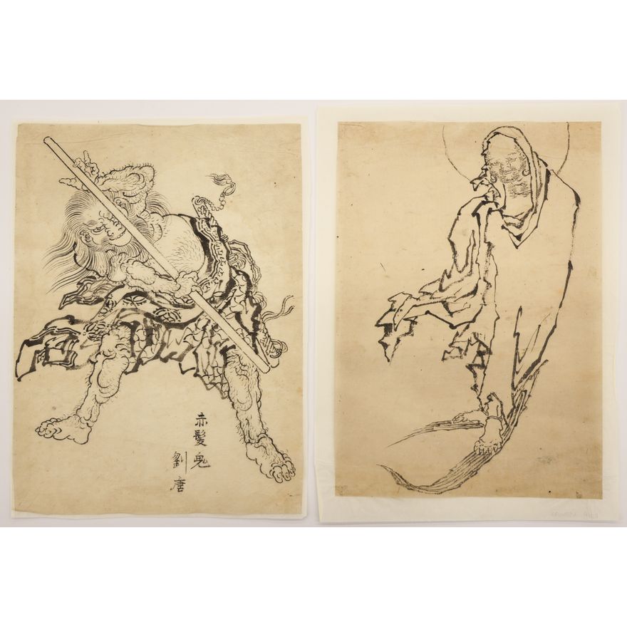 2pc Katsushika Hokusai Japanese Ink Drawings