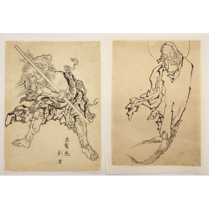 2pc Katsushika Hokusai Japanese Ink Drawings