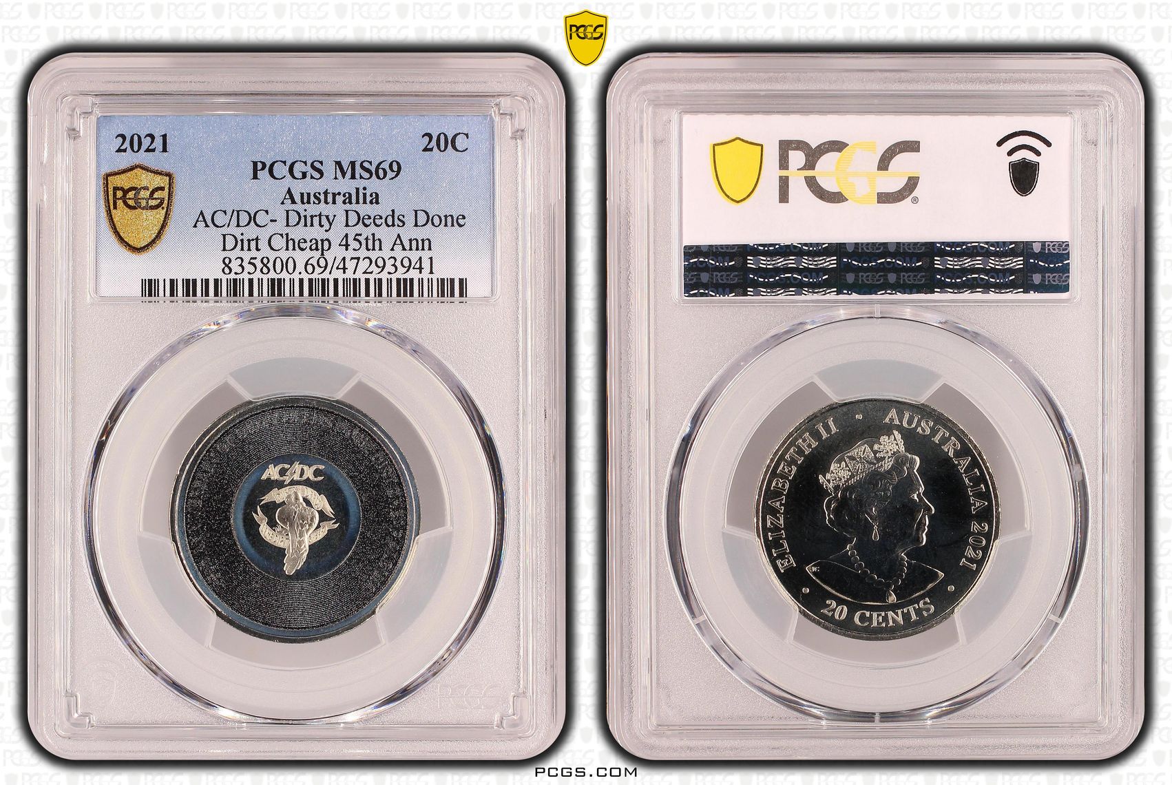 Elizabeth II, AC/DC- Dirty Deeds Done Dirt Cheap 45th Anniversary, Twenty Cent, 2021, PCGS MS69
