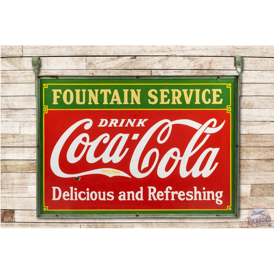 5' Coca Cola Fountain Service Porcelain Sign & Original Frame