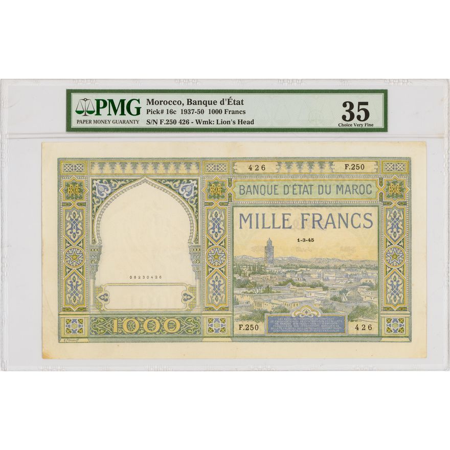 Morocco, One Thousand Francs, 1937-50, PMG Choice VF 35