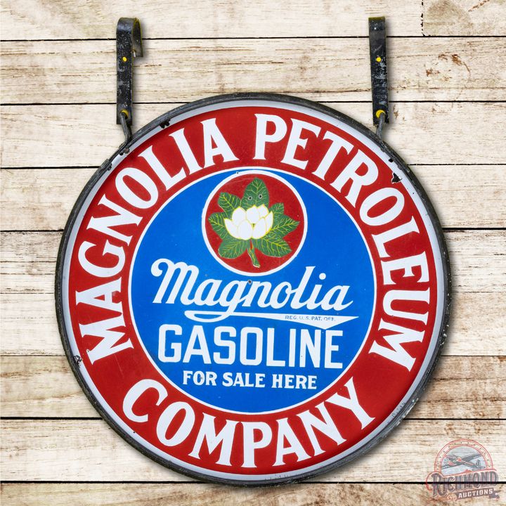 30" Magnolia Petroleum Company Gasoline & Single Flower Logo Porcelain Sign & Ring TAC 8