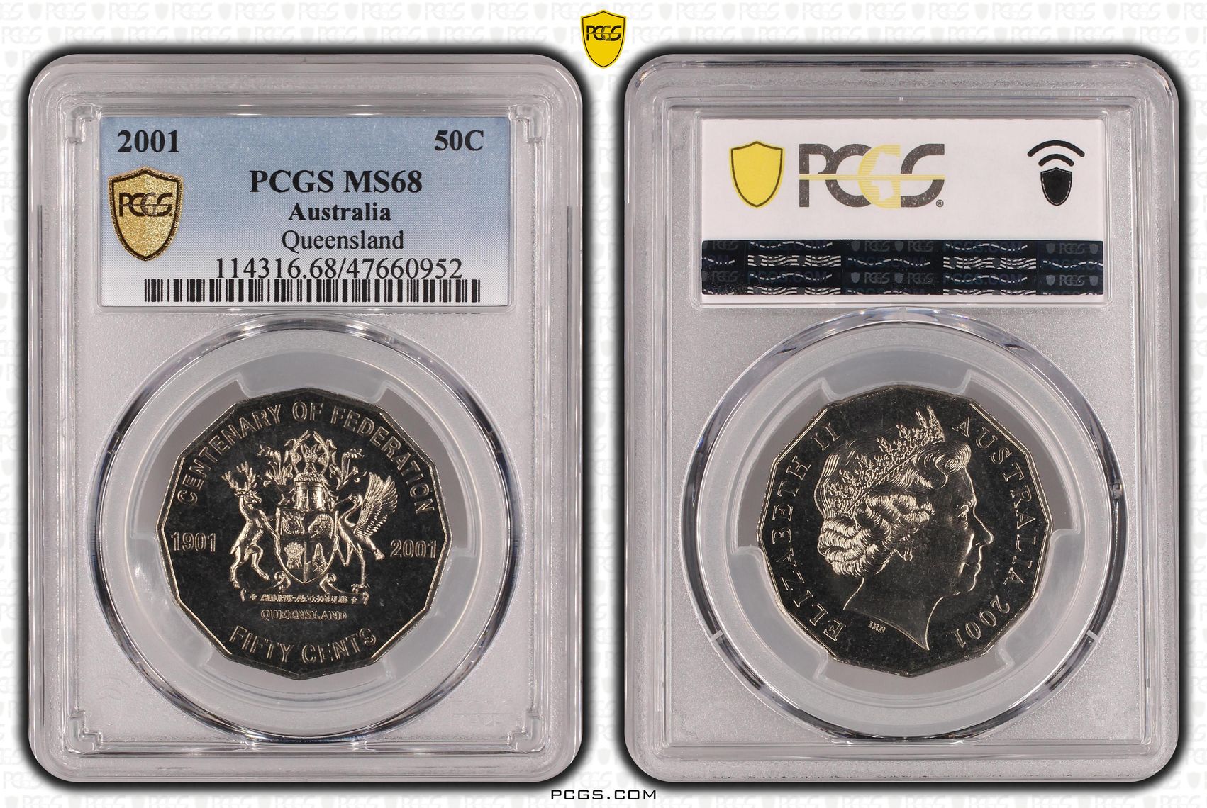 149 · Elizabeth II, Queensland, Fifty Cent, 2001, PCGS MS68
