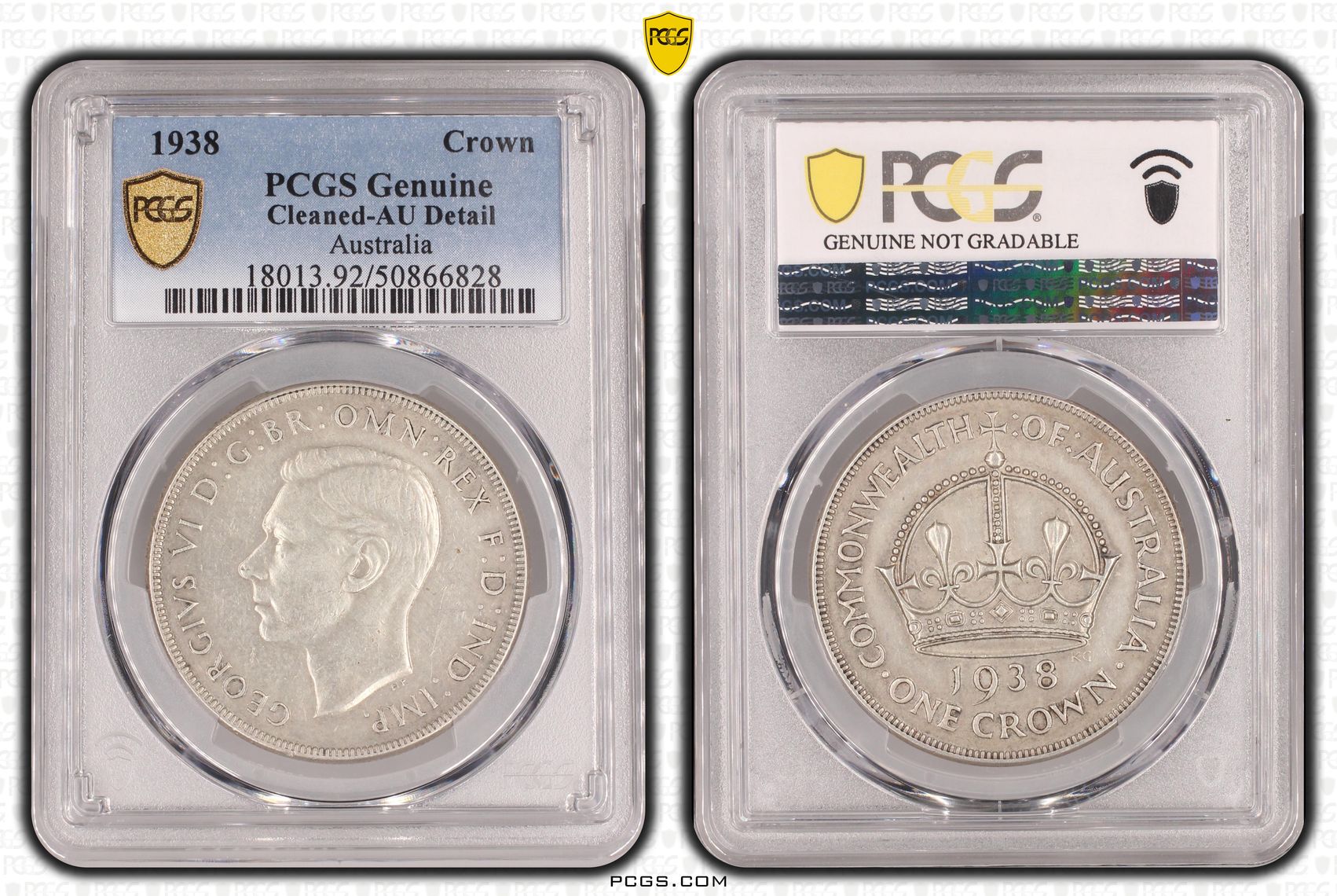 George VI, Crown, 1938, PCGS Genuine - AU Details (92 - Cleaned)