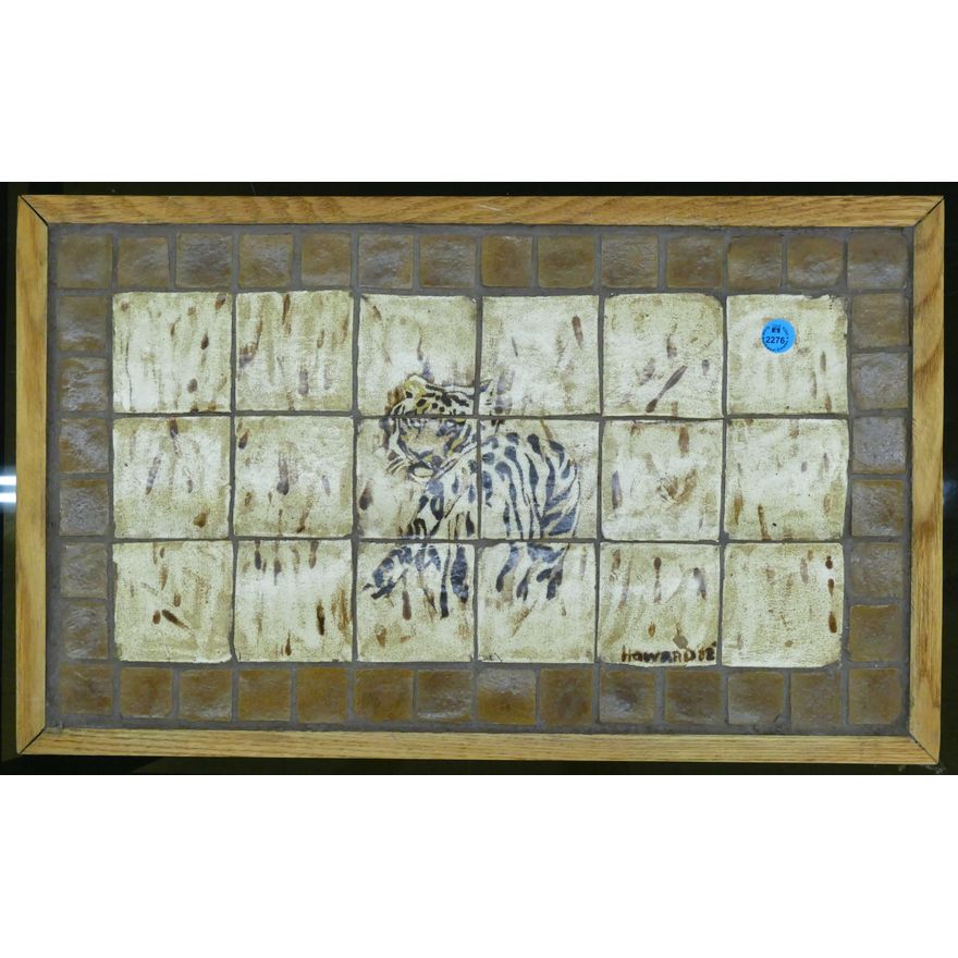 Mid Century Tiger Studio Pottery Tile Plaque Framed 12.5''x21''