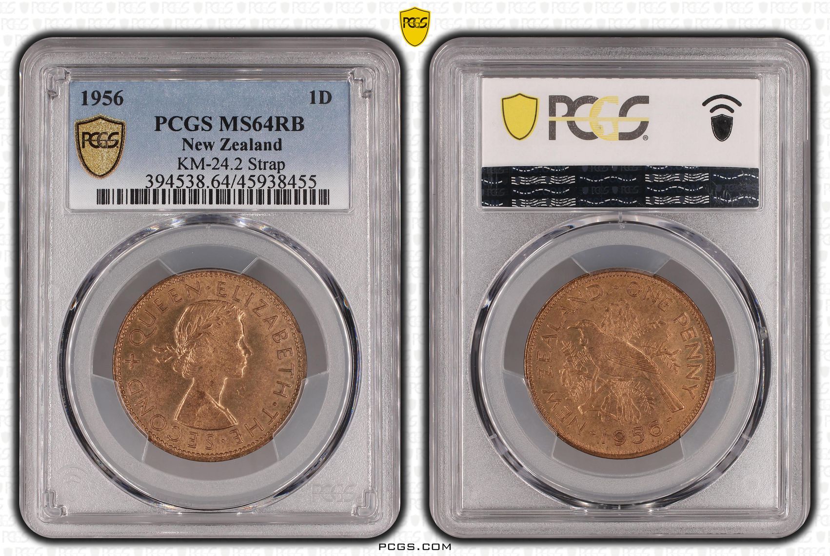 1956 New Zealand Penny KM-24.2 Strap PCGS - MS64RB -455