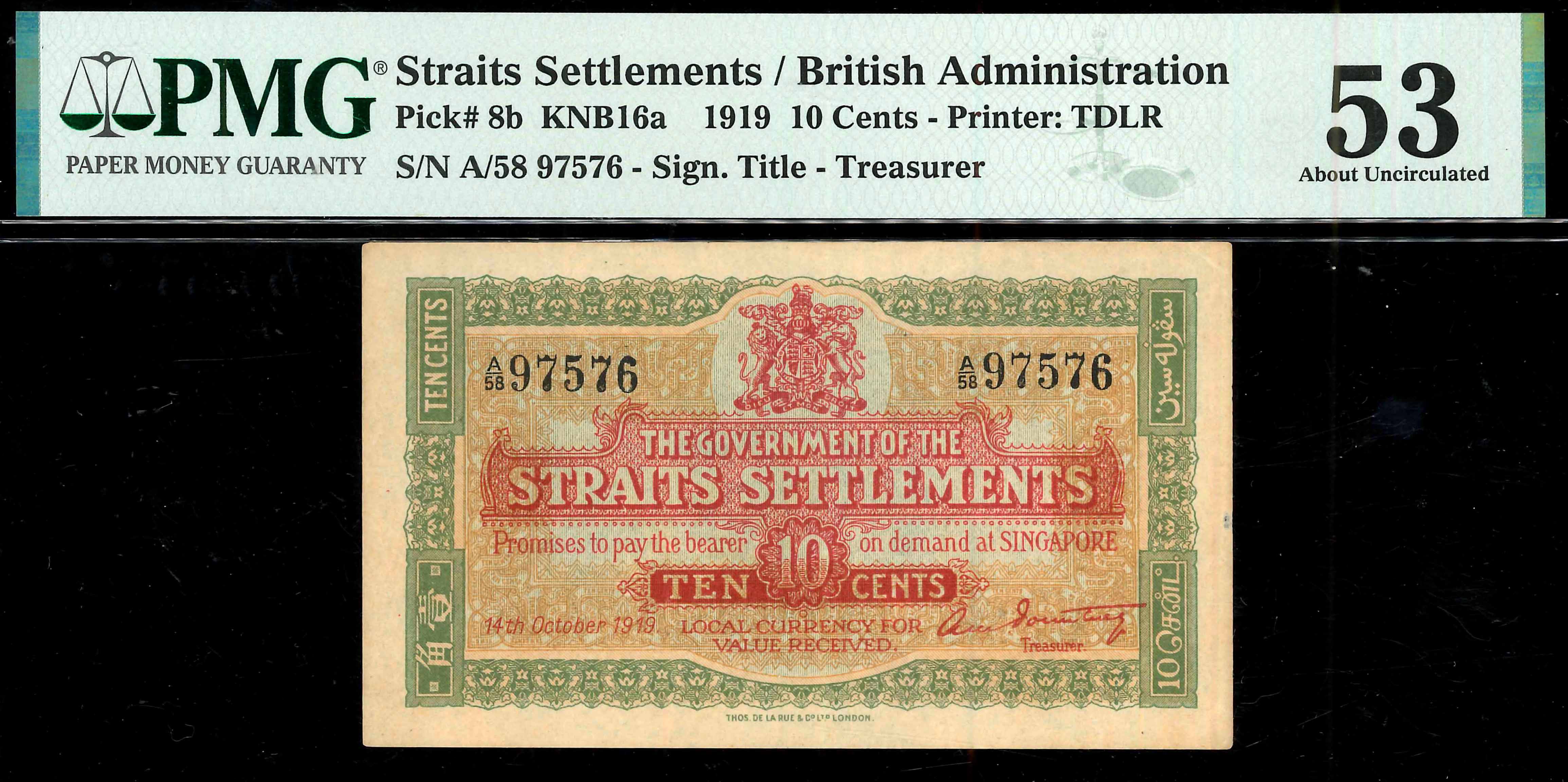 Straits Settlements, 1919, 10 Cents, P-8b, S/N. A/58 97576, PMG 53 