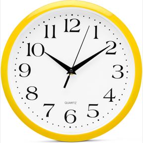 BERNHARD PRODUCTS YELLOW WALL CLOCK 10 INCH SILENT NON TICKING BATTERY OPERATED QUARTZ EASY TO READ ROUND CLASSROOM HOME DECOR FOR