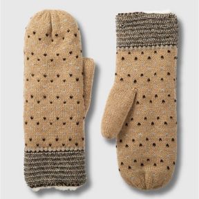 ISOTONER WOMEN'S SMARTDRI BIRDSEYE KNIT MITTEN WITH SHERPASOFT SPILL - CAMEL ONE SIZE