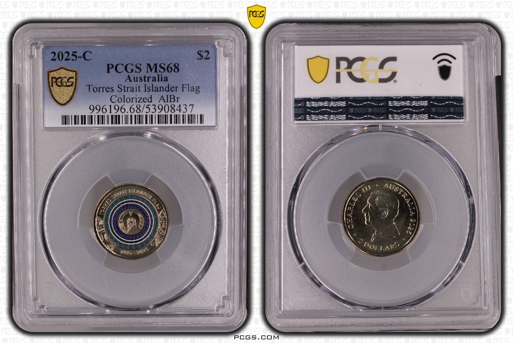 Torres Strait Islander Flag Colourised AlBr, Two Dollar, 2025-C, PCGS MS68