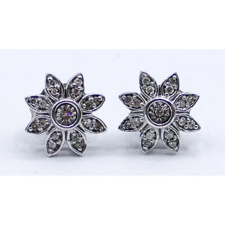 Pair Diamond Sterling Flower Stud Earrings 9mm