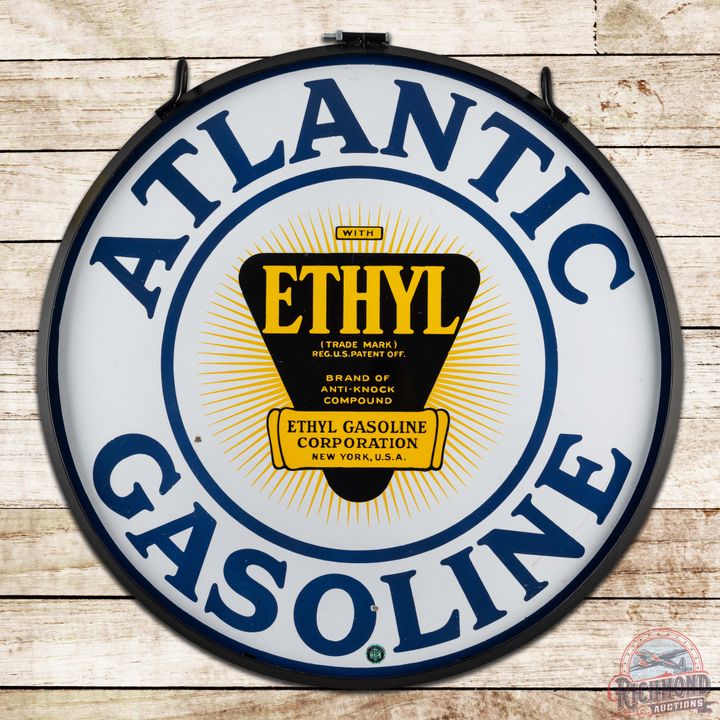 Atlantic Ethyl Gasoline 30" Double Sided Porcelain Logo Sign w/ Ring