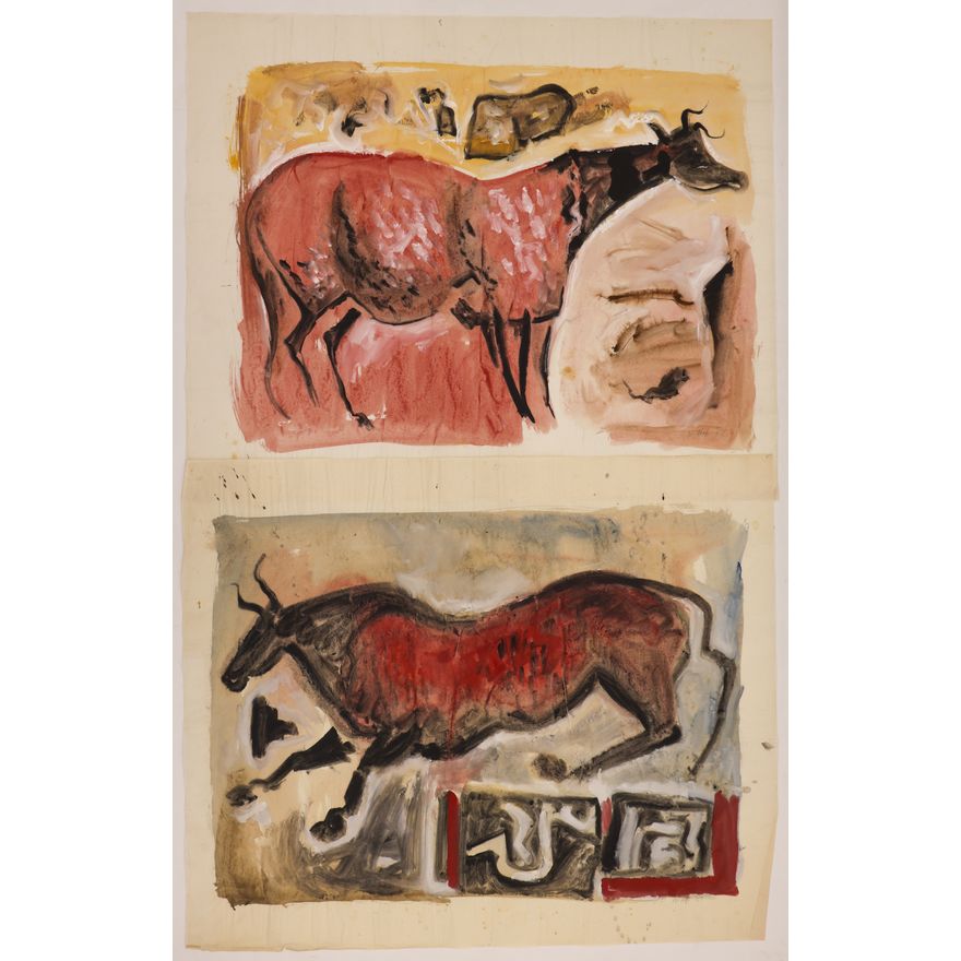 2pc Neil Meitzler 1957 Bull Compositions Casein on Paper 28''x34'' Approx.