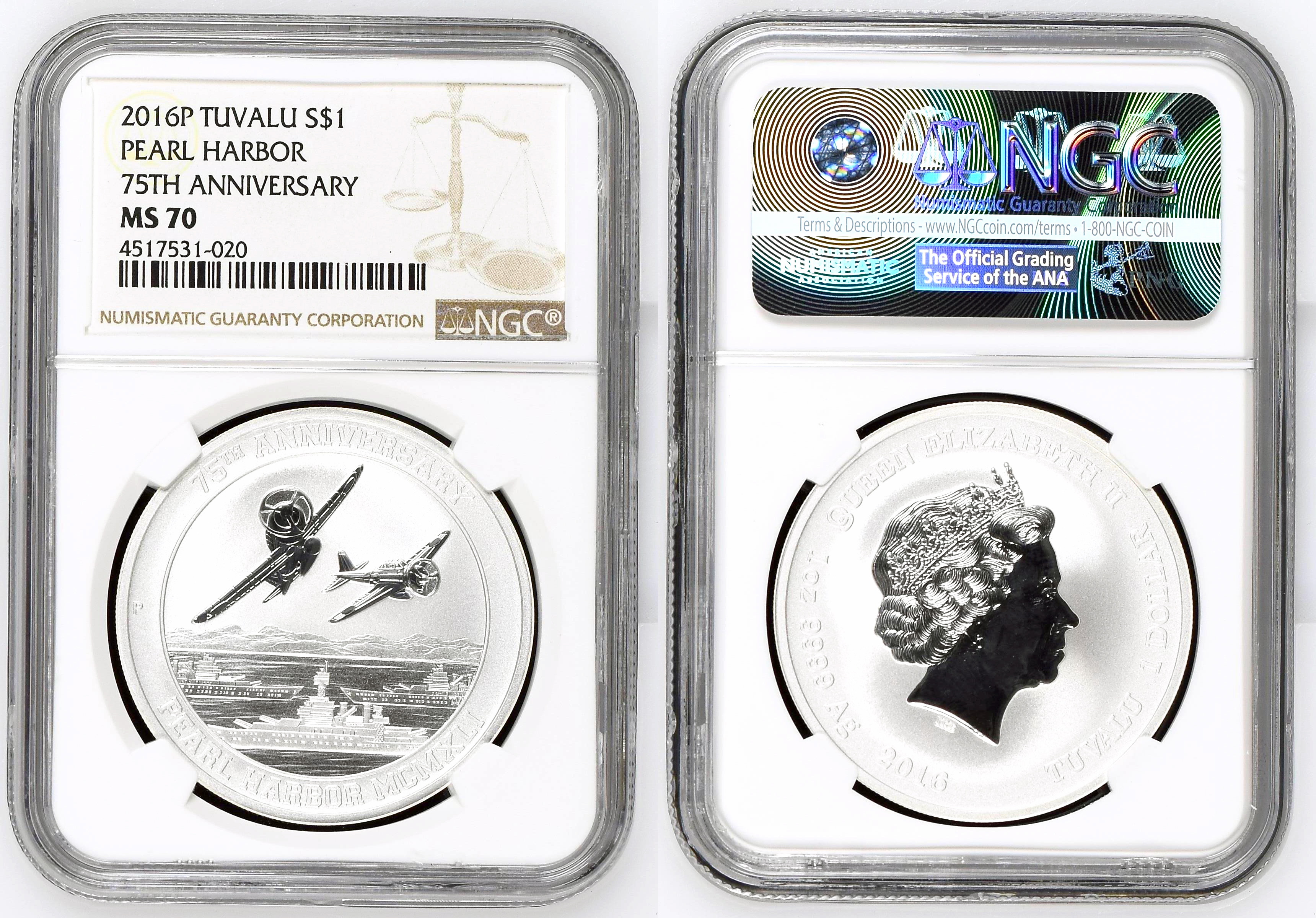Tuvalu, Pearl Harbor 75th Anniversary, One Dollar, 2016, NGC MS 70