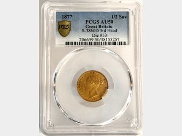 1877 VICTORIA GOLD HALF SOVEREIGN #DIE 53 PCGS AU50