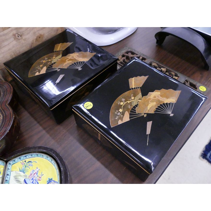 Pair Japanese Lacquered Fan Boxes- 8x9''
