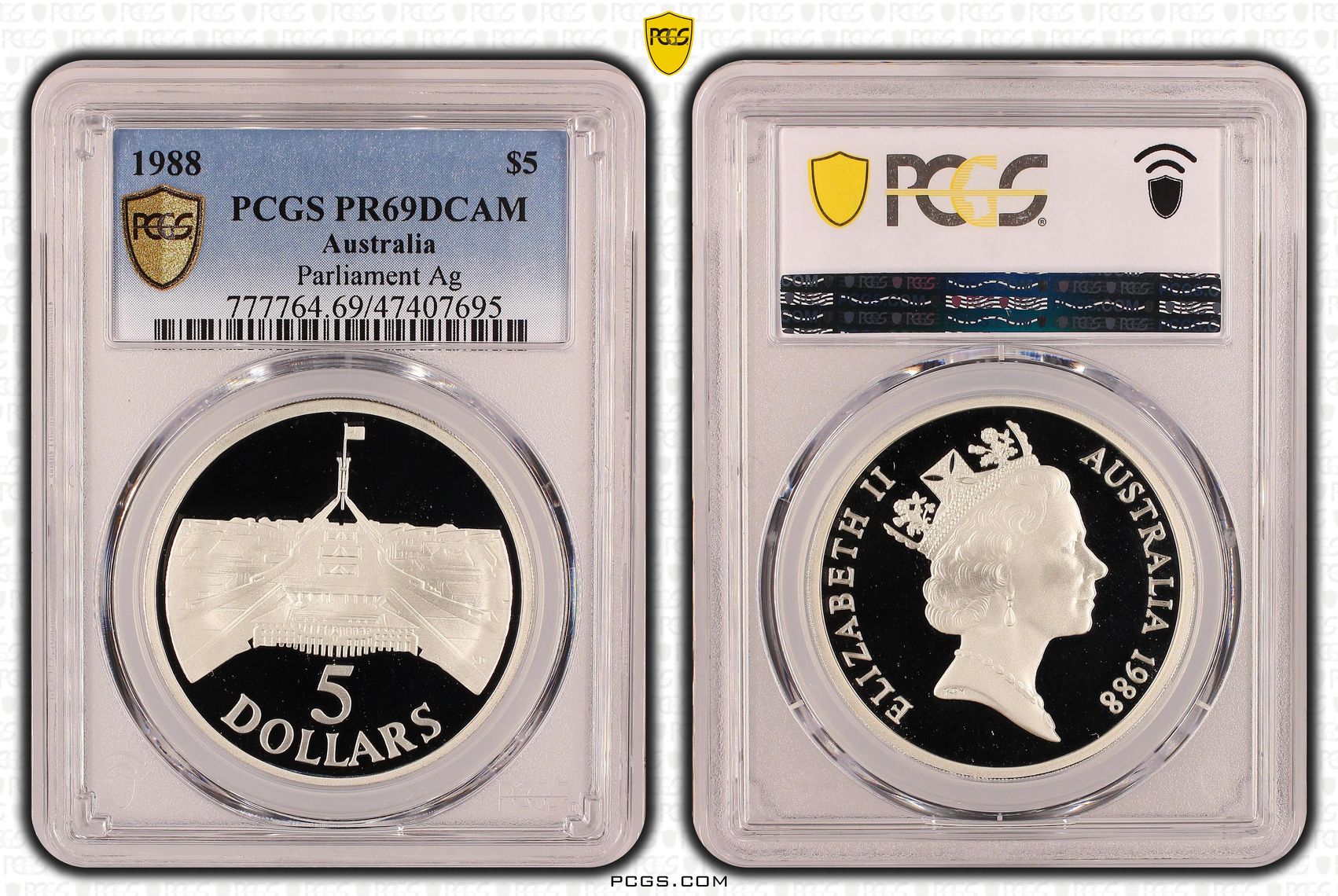 Parliament Ag , Five Dollar, 1988, PCGS PR69DCAM